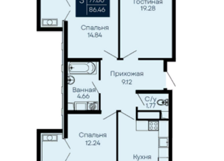 Продам трехкомнатную квартиру, 86.46 м2, поселок городского типа Заозерное, улица Аллея Дружбы, 2Д