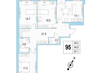 3-комнатная квартира на продажу, 97.1 м2, Санкт-Петербург, проспект Патриотов, 35, метро Проспект Ветеранов