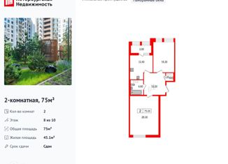 Продается 2-комнатная квартира, 75 м2, Санкт-Петербург, Манчестерская улица, 3, ЖК Светлана Парк