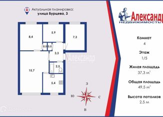 Продаю 4-комнатную квартиру, 49.5 м2, Санкт-Петербург, улица Бурцева, 3, муниципальный округ Ульянка
