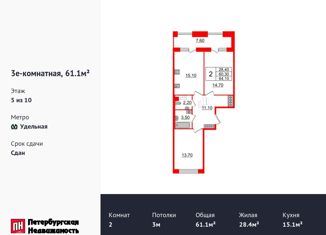 Продам двухкомнатную квартиру, 61.1 м2, Санкт-Петербург, метро Удельная, Манчестерская улица, 5к1
