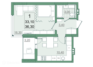 1-комнатная квартира на продажу, 33.1 м2, Саратов, проспект Героев Отечества, 3, ЖК Мята