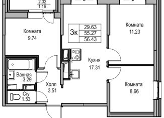 Трехкомнатная квартира на продажу, 55.27 м2, Санкт-Петербург, Ивинская улица, 19к1, муниципальный округ Лахта-Ольгино