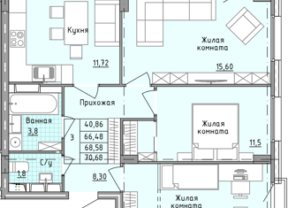 Продаю 3-ком. квартиру, 70.7 м2, деревня Голубое, Парковый бульвар, 5А, ЖК Зеленоградский