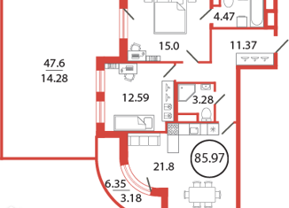 2-комнатная квартира на продажу, 85.97 м2, поселок Бугры, Чайная улица, 4, ЖК Энфилд