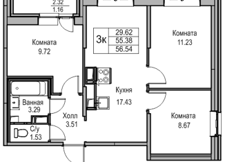 Продается 3-ком. квартира, 55.38 м2, Санкт-Петербург, Ивинская улица, 19к1, муниципальный округ Лахта-Ольгино