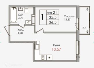 Однокомнатная квартира на продажу, 36 м2, деревня Старая, ЖК Верхний, улица Мира, 9