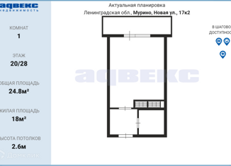 Продам квартиру студию, 24.8 м2, Мурино, Новая улица, 17к2, ЖК Новое Мурино