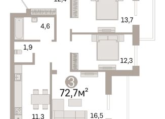 Трехкомнатная квартира на продажу, 72.7 м2, Омск, 4-я Транспортная улица, 15, Октябрьский округ