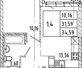 1-комнатная квартира на продажу, 34.59 м2, поселок Бугры, Тихая улица, 3к7, ЖК Новые Горизонты