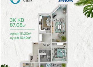 Продаю 3-комнатную квартиру, 88.67 м2, село Раздольное, ЖК Министерские Озёра, Тепличная улица, 65