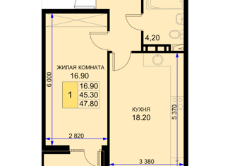 Продается однокомнатная квартира, 47.8 м2, Краснодар, Дозорная улица, 3