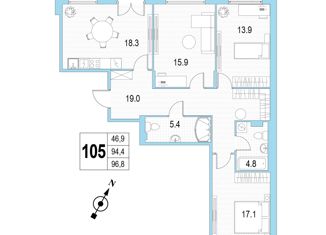 Продам 3-комнатную квартиру, 96.8 м2, Санкт-Петербург, проспект Патриотов, 35, метро Проспект Ветеранов