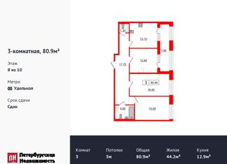 3-комнатная квартира на продажу, 80.9 м2, Санкт-Петербург, Манчестерская улица, 3, метро Удельная
