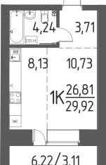 Продается однокомнатная квартира, 29.92 м2, деревня Кисловка, улица Василия Кандинского, 7