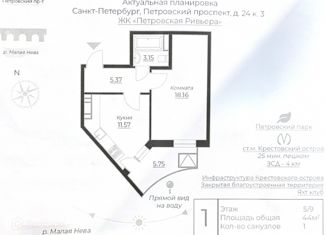 Однокомнатная квартира на продажу, 38.2 м2, Санкт-Петербург, Петровский проспект, 24к3, ЖК Петровская Ривьера