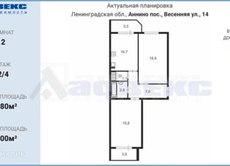 Продажа 2-ком. квартиры, 52.8 м2, поселок Аннино, Весенняя улица, 14