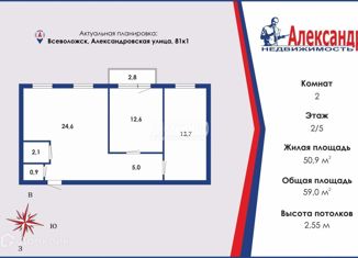 Продаю двухкомнатную квартиру, 59 м2, Всеволожск, Александровская улица, 81к1