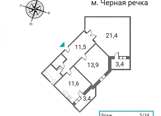 2-комнатная квартира на продажу, 64.2 м2, Санкт-Петербург, улица Савушкина, 36, муниципальный округ Чёрная Речка