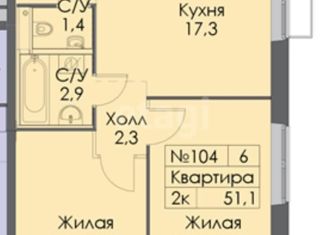 2-комнатная квартира на продажу, 51.1 м2, посёлок Коммунарка, улица Александры Монаховой, 89к1, ЖК Бунинские Луга