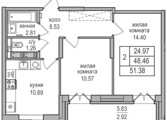 Продам 2-комнатную квартиру, 50.7 м2, посёлок Парголово