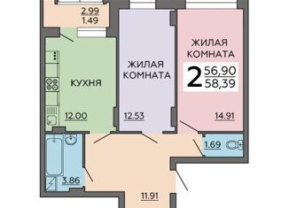 Продаю 2-ком. квартиру, 58.39 м2, Воронеж, улица 121 Стрелковой Дивизии, 9, ЖК Суворов-Сити
