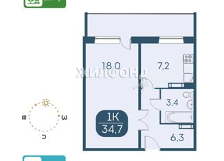 Продаю 1-комнатную квартиру, 34.7 м2, Новосибирск, Междуреченская улица, 5/3, ЖК Аквамарин