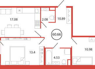 2-ком. квартира на продажу, 60.66 м2, поселок Бугры, аллея Ньютона, 2, ЖК Энфилд