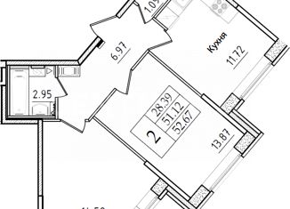 2-ком. квартира на продажу, 52.6 м2, посёлок Петро-Славянка, Советский проспект, 14