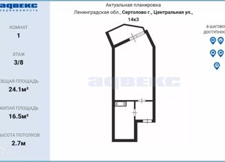 Продается квартира студия, 24.1 м2, Сертолово, Центральная улица, 14к3, ЖК Чистый Ручей