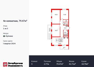 Продается трехкомнатная квартира, 77 м2, Санкт-Петербург, улица Струве, 12, ЖК Зелёный Квартал