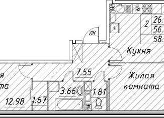 Продам 3-ком. квартиру, 58.38 м2, Санкт-Петербург, ЖК Модум, проспект Авиаконструкторов, 54