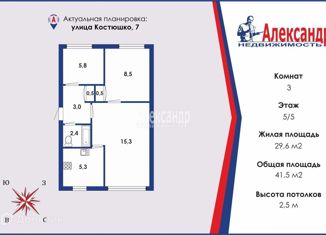 Продажа 3-комнатной квартиры, 41.5 м2, Санкт-Петербург, улица Костюшко, 7