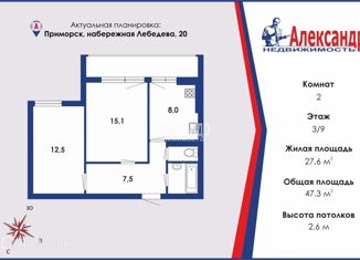 Продается 2-комнатная квартира, 47.3 м2, Приморск, набережная Лебедева, 20