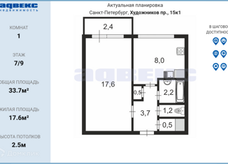 Продажа 1-комнатной квартиры, 33.7 м2, Санкт-Петербург, проспект Художников, 15к1, метро Озерки