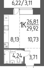 Продается 1-ком. квартира, 29.92 м2, деревня Кисловка, улица Василия Кандинского, 7/2