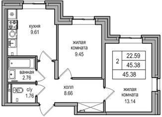 Продам 2-комнатную квартиру, 46.1 м2, посёлок Парголово, Толубеевский проезд, 34к2