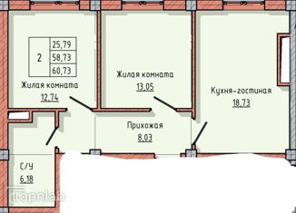 Продаю 2-комнатную квартиру, 60.7 м2, Нальчик, улица Байсултанова, 32, район Затишье