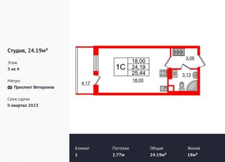 Квартира на продажу студия, 24 м2, Санкт-Петербург, улица Владимира Пчелинцева, 5, ЖК Солнечный Город. Резиденции