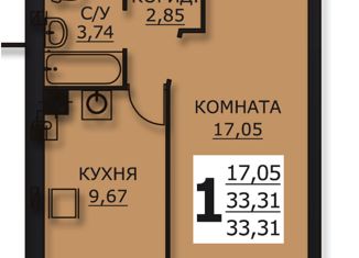 Продаю однокомнатную квартиру, 33.31 м2, деревня Дерябиха, деревня Дерябиха, 76А