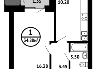 Продается 1-комнатная квартира, 34.89 м2, Уфа, ЖК Цветы Башкирии