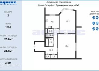 Продажа 2-ком. квартиры, 52.4 м2, Санкт-Петербург, метро Проспект Просвещения, проспект Луначарского, 42к1