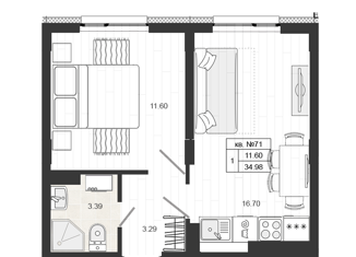 Продается 1-комнатная квартира, 34.98 м2, деревня Малое Верево, улица Кутышева, 9к2