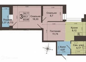 Продажа трехкомнатной квартиры, 60.3 м2, Казань, улица Братьев Касимовых, 35, ЖК Привилегия