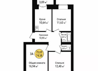 Продается 3-комнатная квартира, 74.6 м2, посёлок городского типа Медведево, Полевая улица, 19А