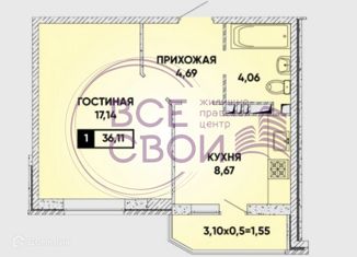 Продаю однокомнатную квартиру, 36.11 м2, Краснодар, Домбайская улица, 59, микрорайон Губернский