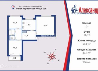 Продается трехкомнатная квартира, 66.4 м2, Санкт-Петербург, Малая Карпатская улица, 23к1, муниципальный округ № 75