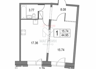 1-комнатная квартира на продажу, 46.74 м2, Санкт-Петербург, Коломяжский проспект, 13к2, Приморский район