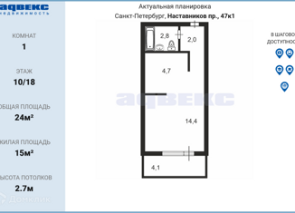 Продается квартира студия, 24 м2, Санкт-Петербург, проспект Наставников, 47к1, проспект Наставников