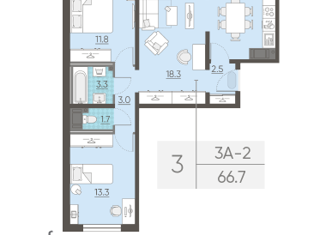 Продается 3-комнатная квартира, 65.7 м2, Санкт-Петербург, набережная реки Каменки, 19к4, ЖК Заповедный парк